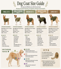 Load image into Gallery viewer, A dog coat size guide infographic showing size charts, breed recommendations, and measurement instructions for dog jackets. The guide features illustrations of various dog breeds and provides sizing information for small, medium, large, and giant sizes.