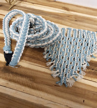 Load image into Gallery viewer, Blue and white braided dog leash, Collar and Bandana on a wooden surface