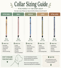 Load image into Gallery viewer, A digital infographic titled 'Collar Sizing Guide' showing size charts and measurements for dog collars in Extra Small, Small, Medium, Large, and Extra Large sizes, with diagrams and text instructions on how to measure a dog's neck.