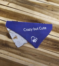Load image into Gallery viewer, A blue triangular pet bandana with the text 'Crazy but Cute' and a paw print logo, partially opened to reveal a patterned fabric insert, placed on a wooden plank surface.