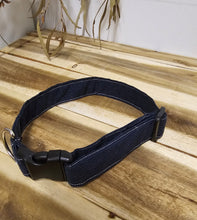 Load image into Gallery viewer, Blue dog collar on a wooden surface
