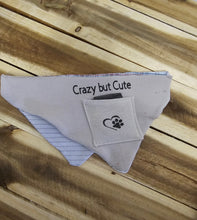Load image into Gallery viewer, A light beige fabric pet bandana with 'Crazy but Cute' embroidered on one side, a small square patch with a paw print and smiley face on the front, and striped blue lining on the corners, displayed on a wooden plank surface.
