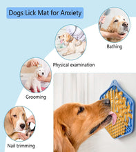 Load image into Gallery viewer, Dog using a lick mat for anxiety with various pet care activities depicted.
