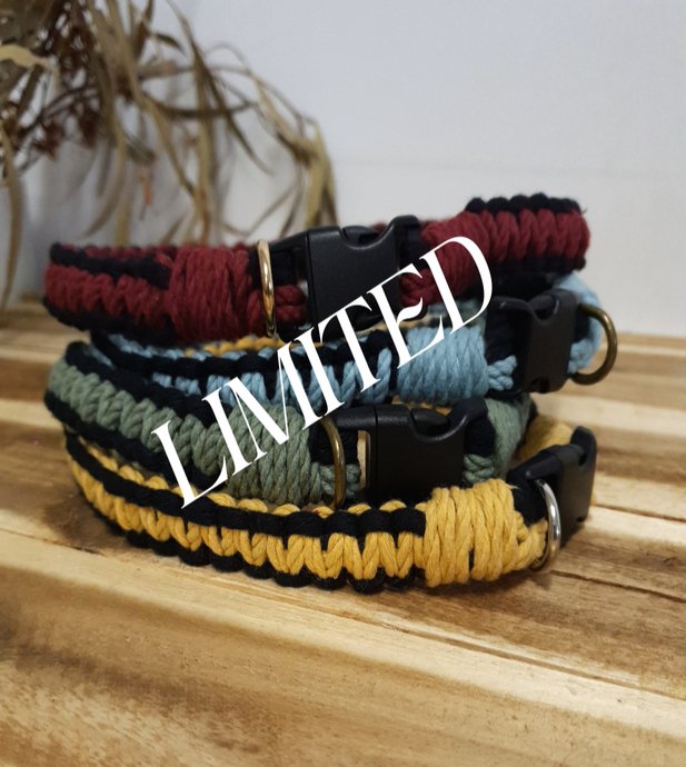 Stack of colorful Macrame dog collars on a wooden surface with 'LIMITED' text overlay.