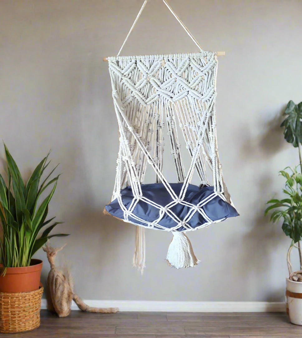 Hanging Cat Hammock with Blue Pillow