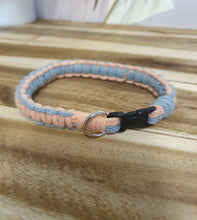 Load image into Gallery viewer, Dog collar with blue and peach pattern on a wooden surface
