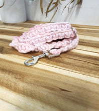 Load image into Gallery viewer, Pink macrame dog leash with a metal clip on a wooden surface
