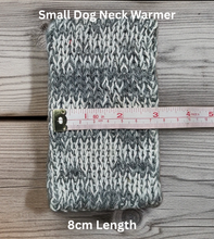 Load image into Gallery viewer, Gray and white knitted neck warmer with a measuring tape indicating its length on a wooden surface.

