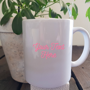 White mug with where text can be desplayed on a wood background